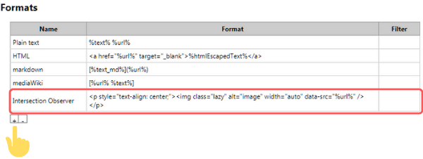 Configure 画面のFormats に、「+」ボタンで新規にフォーマットを追加