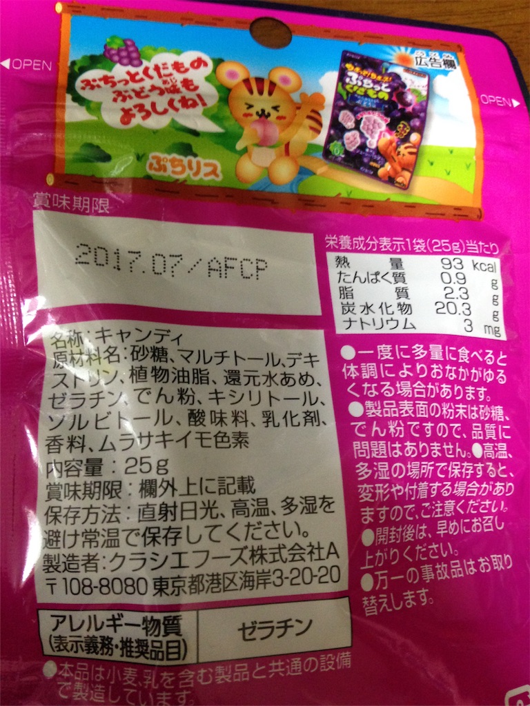 成分表示など