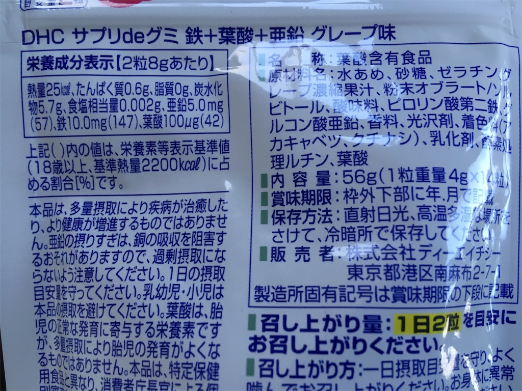 成分表示など
