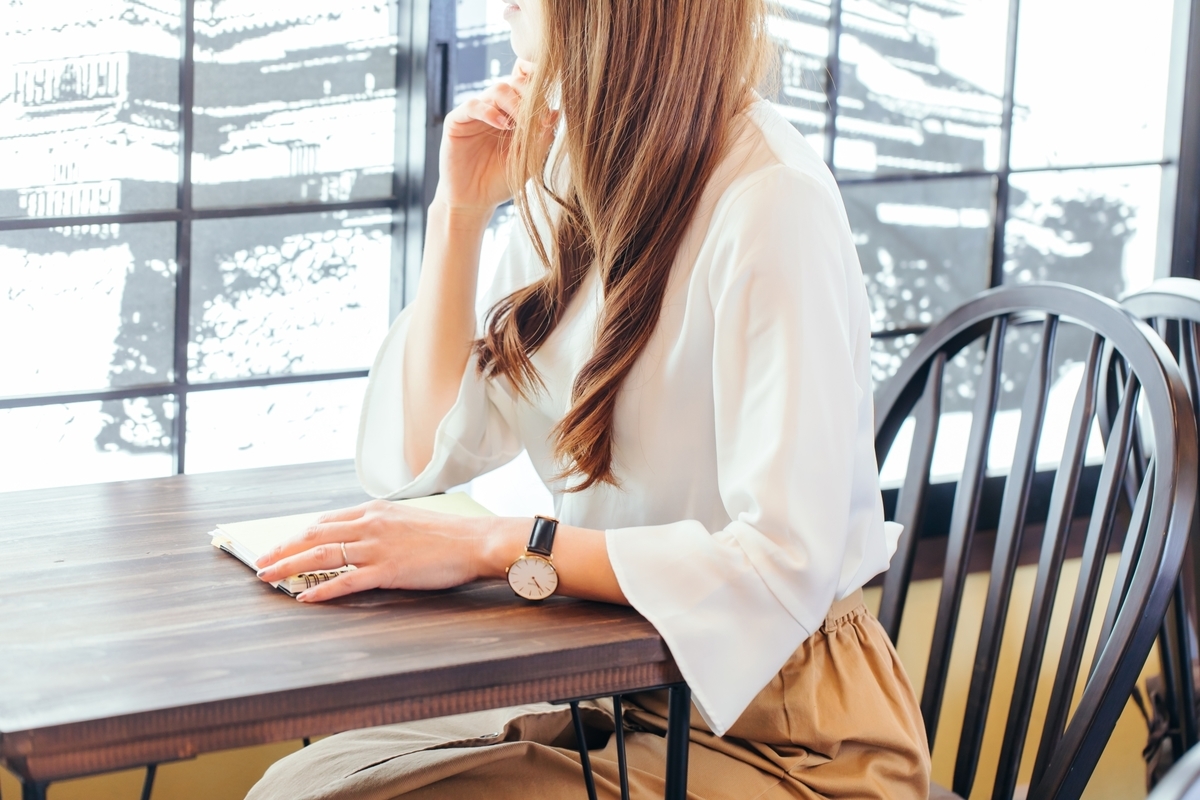 カフェでノートを開く女性