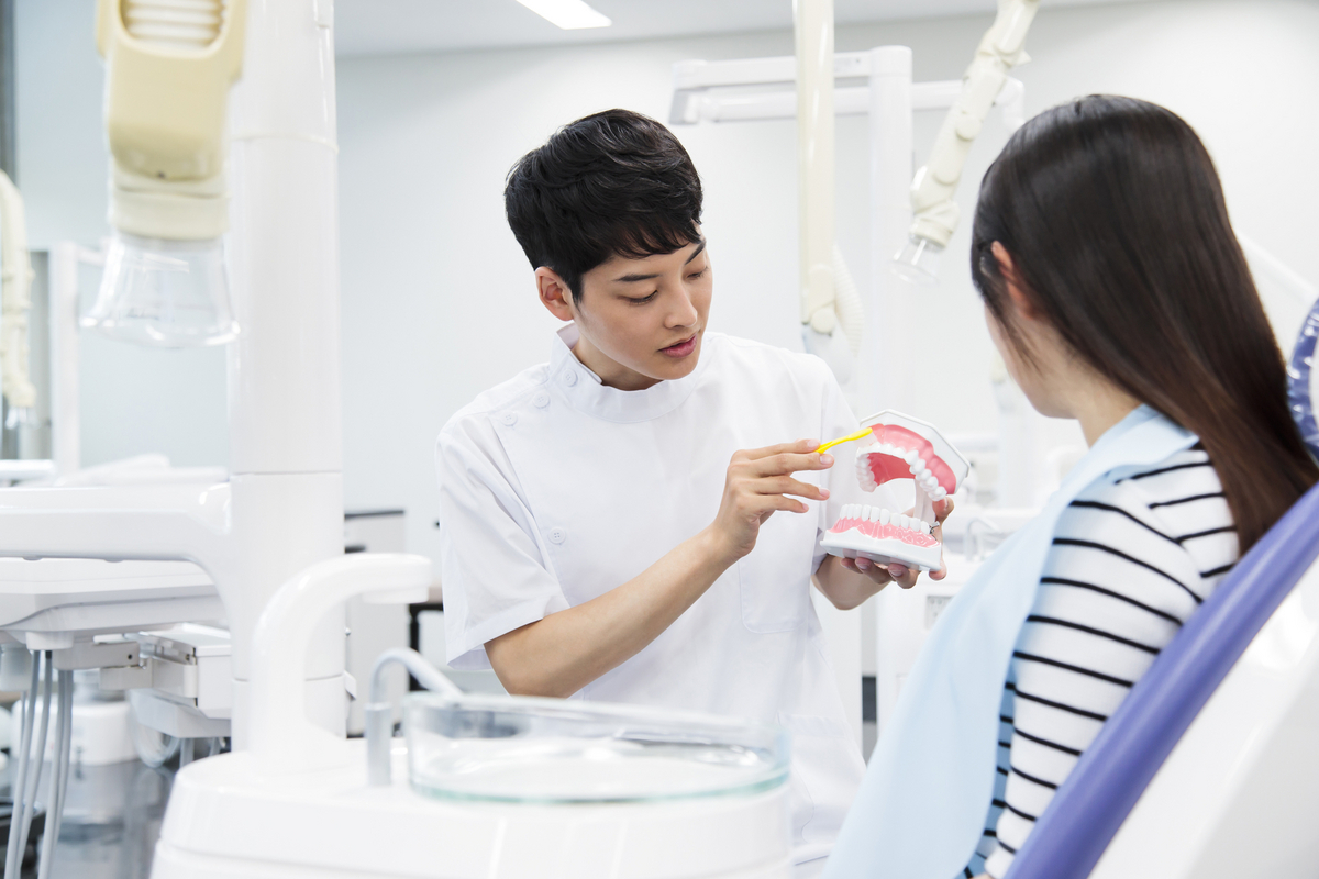 葉の磨き方を説明する歯科医