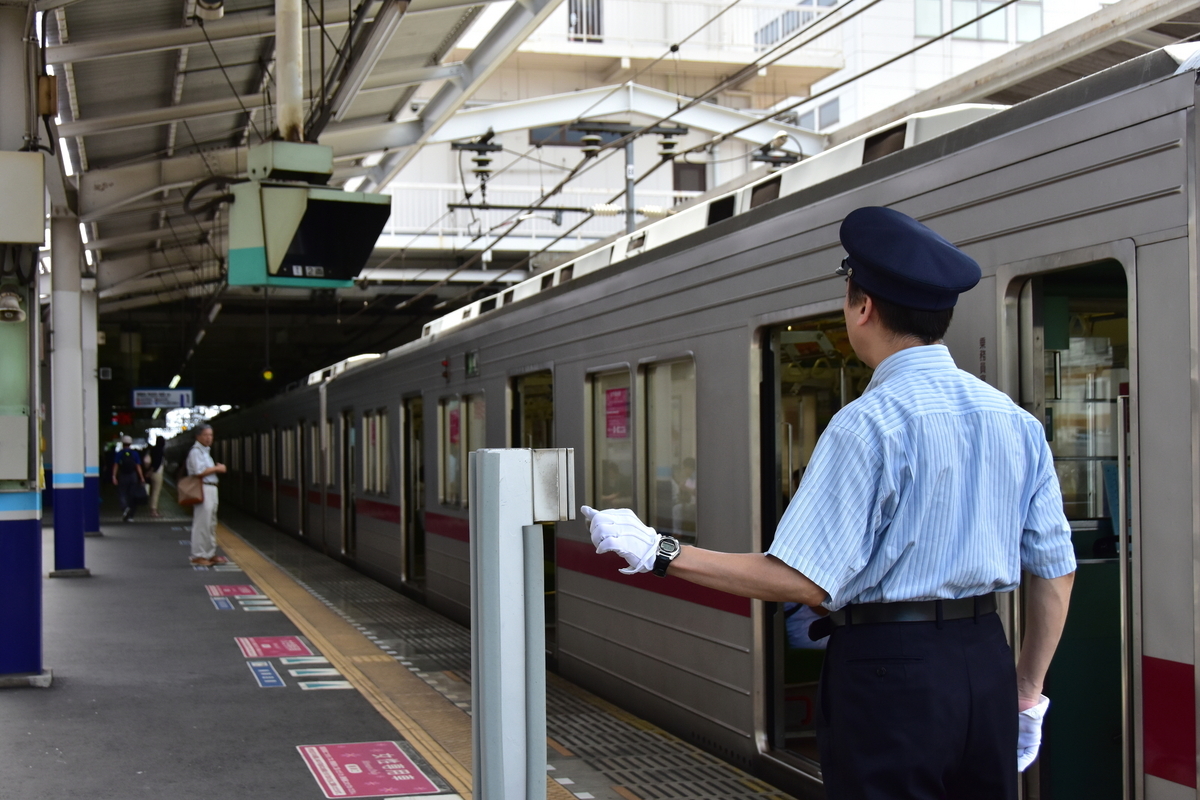 ベルを押す車掌