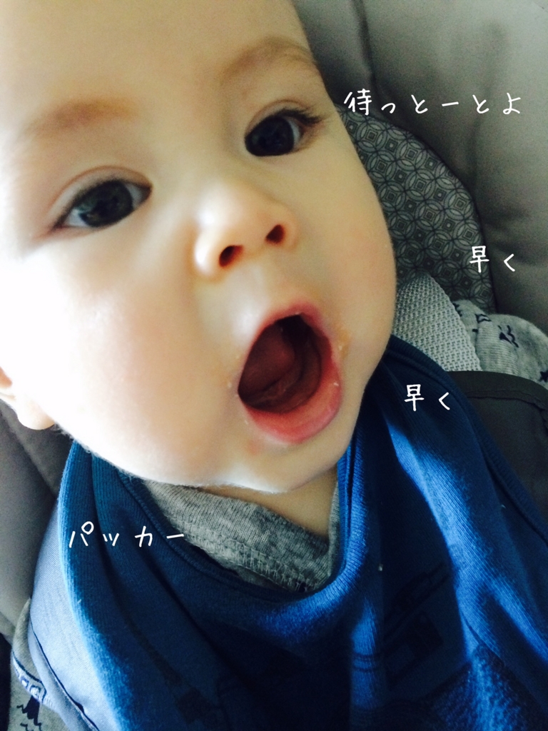 口をぱかっと大開にして離乳食を待つ赤ちゃん