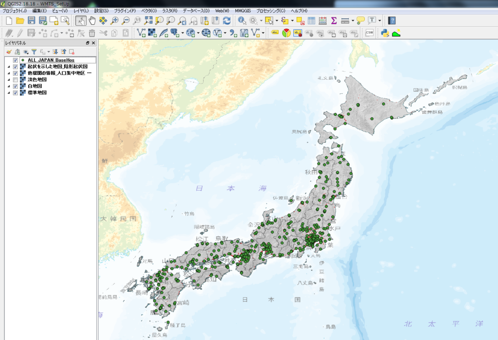 縮尺が小さすぎるため、拠点のポイントの地理的な特徴が見てわからない地図
