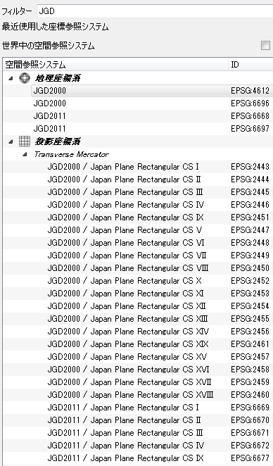 Japan Plane Rectangular CS は平面直角座標系でⅠからⅩⅨ(1から19)まである