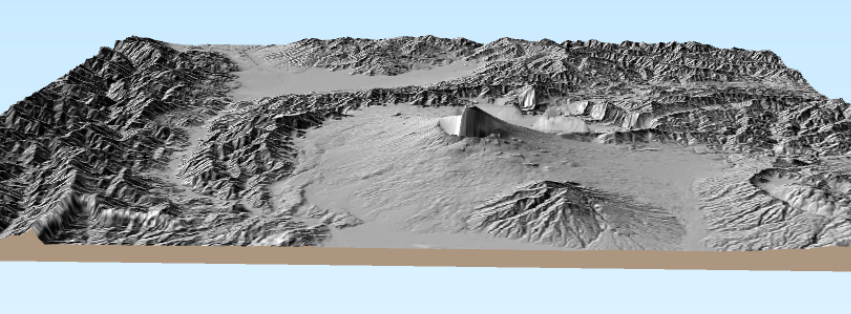 DEMから生成したGeoTiffをラスタレイヤとして登録し陰影起伏図を重ねてある