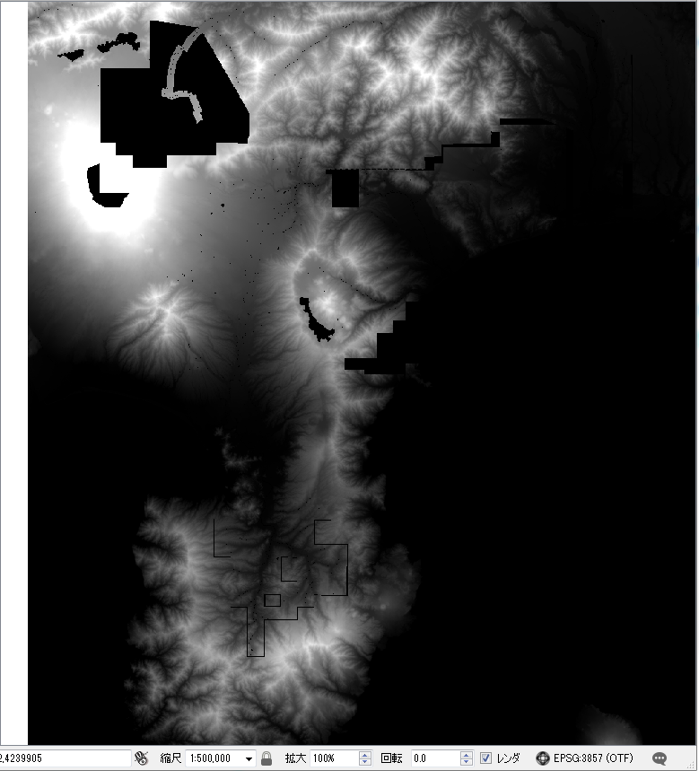 DEMでは黒が値「0(ゼロ)」を示す。白く明るいほど標高がたかいことを示す。