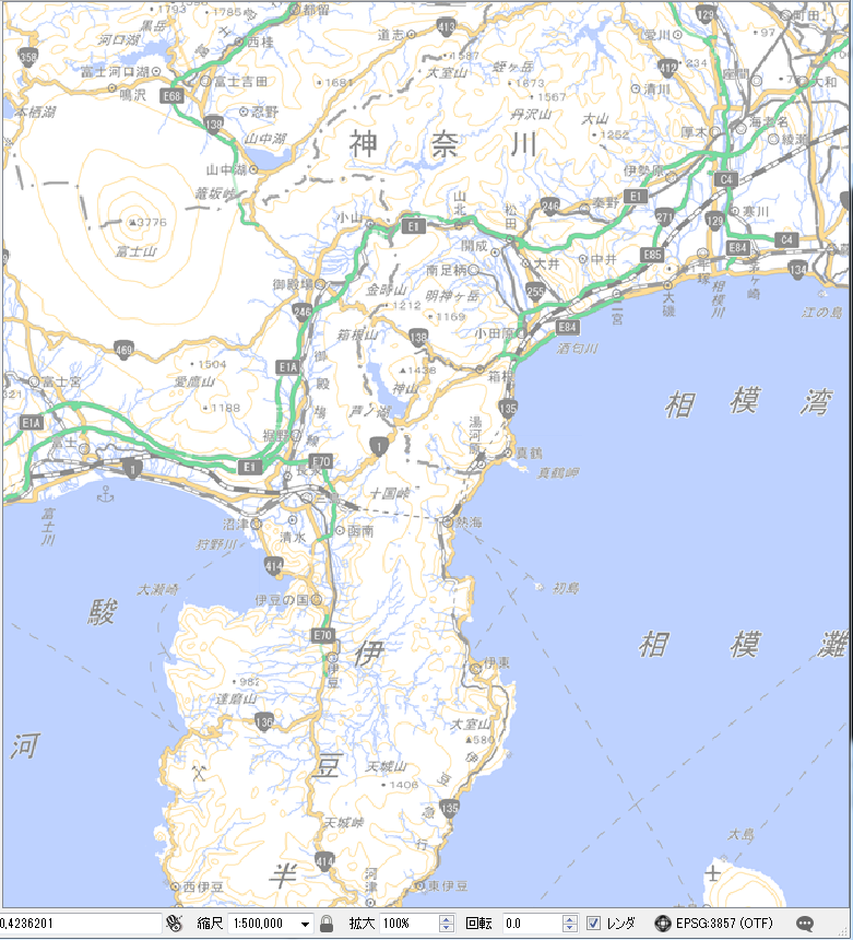 富士山にはDEMにて黒となっているような陥没が無いことを等高線で確認できる。