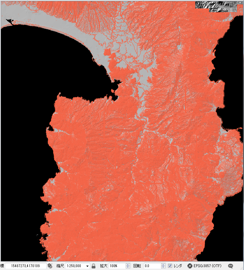 縮尺を25万分の1にしても等高線による塗りつぶしの状況は変わらない。