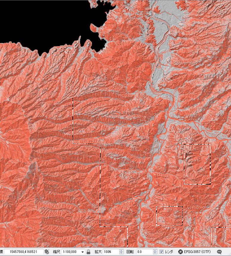 不自然な直線はDEMの値に欠損があるのだろう。少し等高線が見えるようになった。