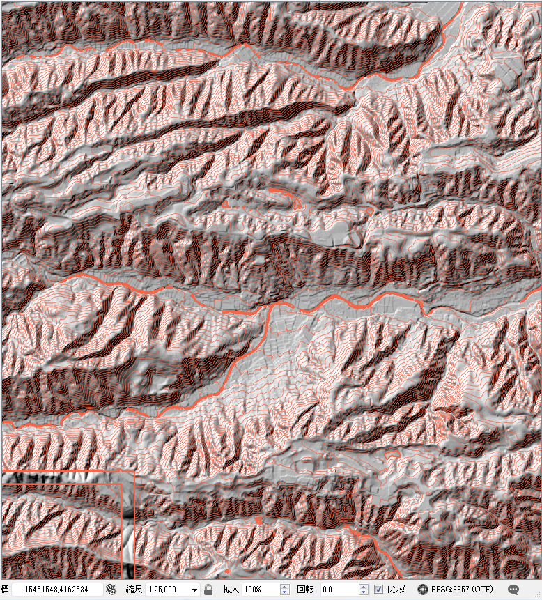 等高線がだいぶ見えるようになった。この後、淡色地図を重ねてみる。