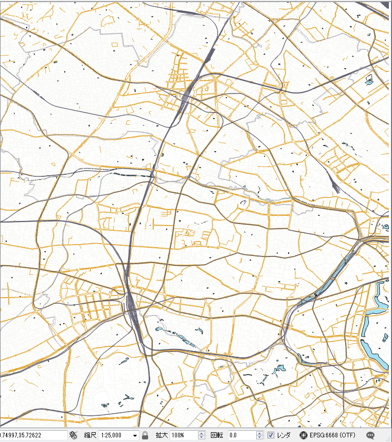軌道を黒で強調し、「道路縁」ではなく道路構成線(RdCompt)の道路を黄色とした