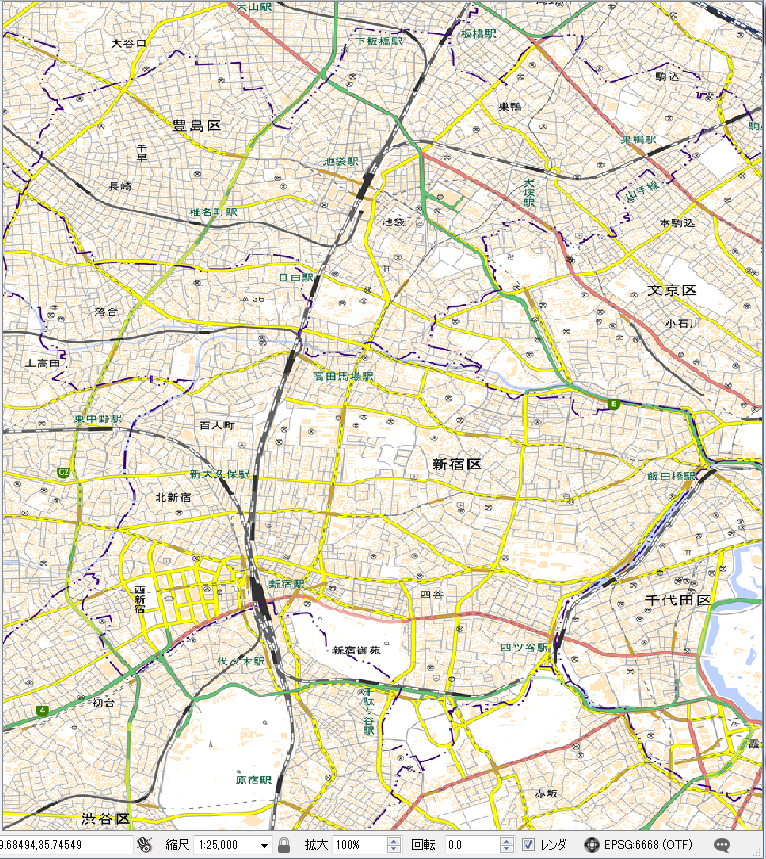 主要道路に黄色・緑色・赤色など多色を使用している