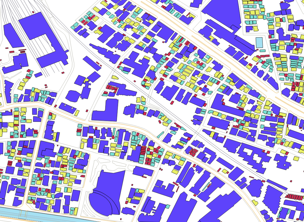この4つのレイヤの分類には、建物の種類や年代など何か法則があるのではないか。