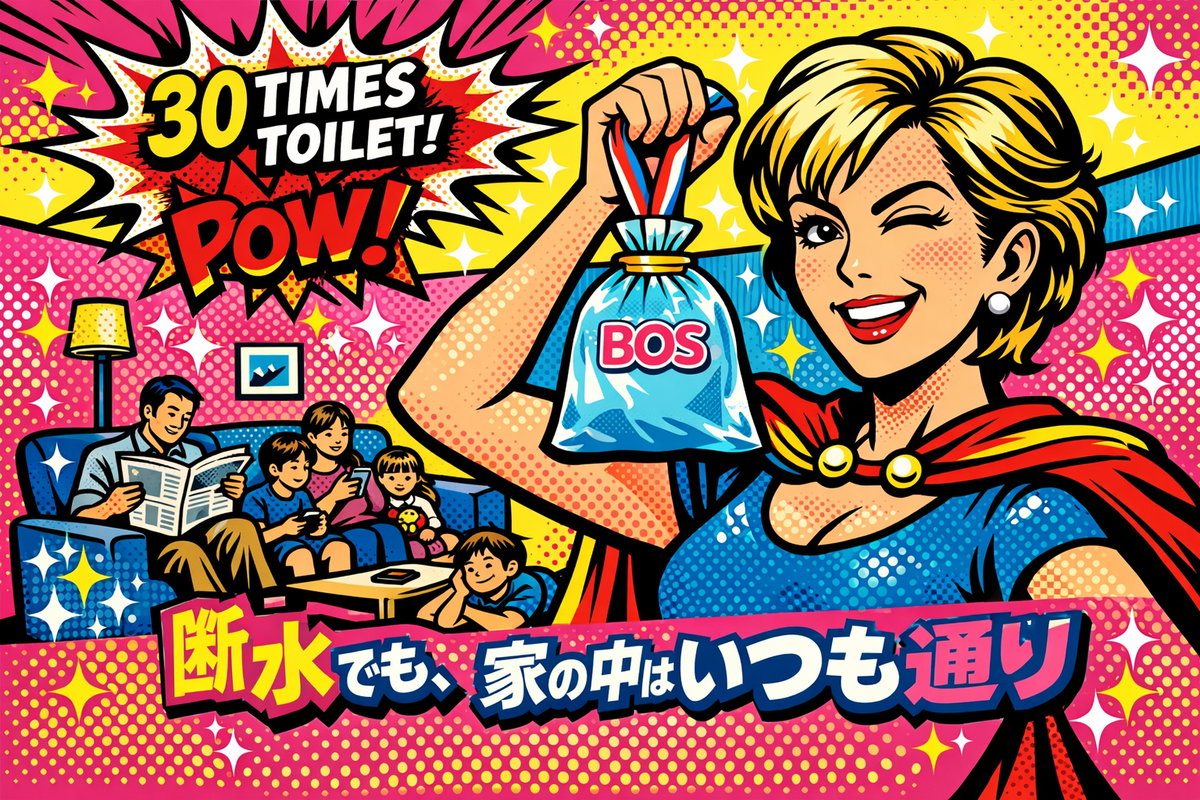  ポップアート風に描かれた、断水時でも家の中を清潔に保つ「スーパーママ」のイラスト。5人家族のトイレ問題を解決し、「断水でも、家の中はいつも通り」というキャッチコピーが入ったアイキャッチ画像。