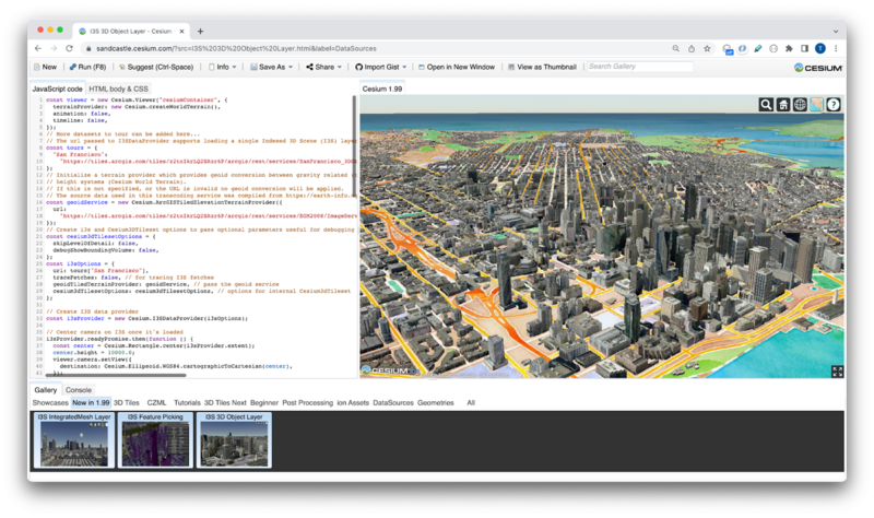 An example of I3S 3D Object Scene Layer loaded in Cesium Sandcastle application. I3S layer compatibility is achieved through a new scene primitive, I3SDataProvider in CesiumJS. I3SDataProvider enables transcoding of I3S geometry payload, materials and texture to glTF (glb).