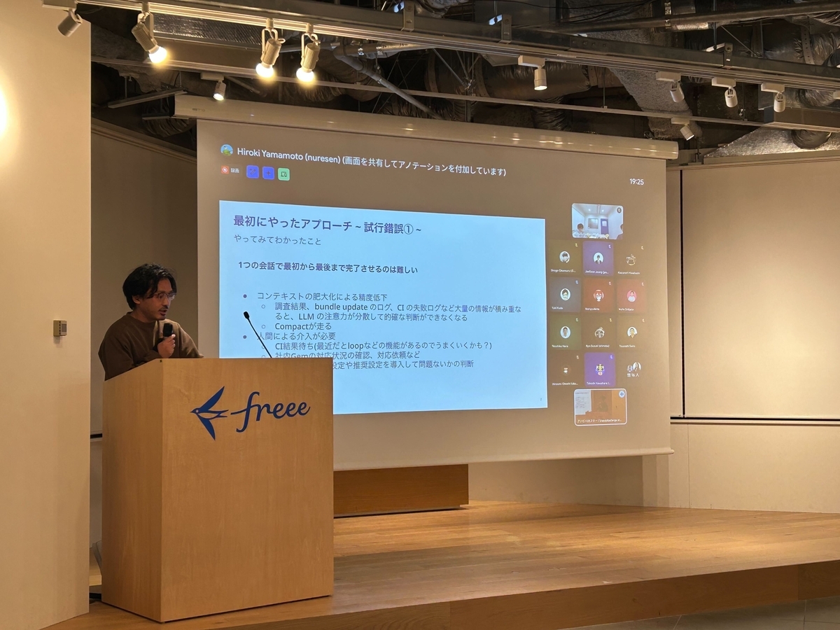 スクリーンにスライドを投影し、nuresenさんがマイクを持って発表している