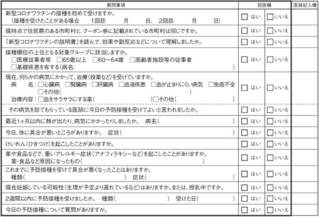 新型コロナワクチンの問診の内容!バイトはこれを元に問診を進めます