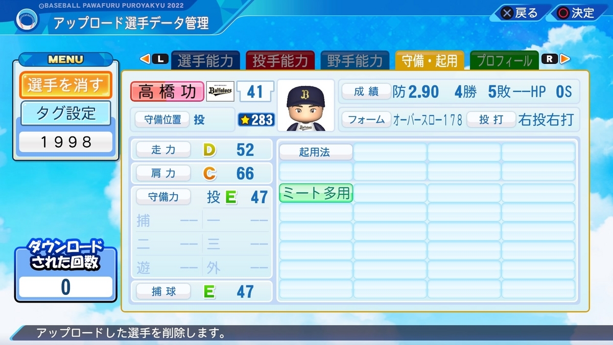 高橋功一(オリックス)1998ver 【パワプロ2023】 - fremming41のぼっち