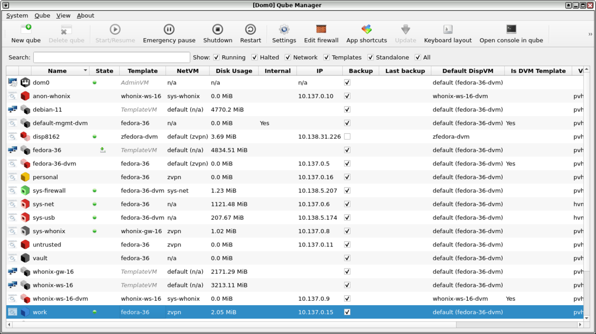 Qube Managerでworkキューブを選択しShutdownボタンを押すところ