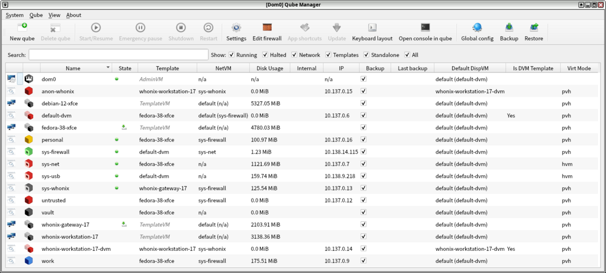 Qube Manager は Qubes OS 内の各キューブを管理するツール
