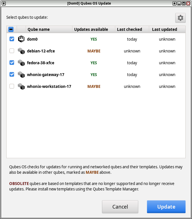 Qubes OS アップデートのツールを起動した