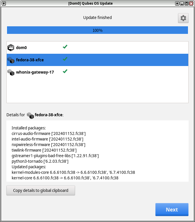 dom0, fedoraテンプレート, whonixゲートウェイのテンプレートのアップデート成功