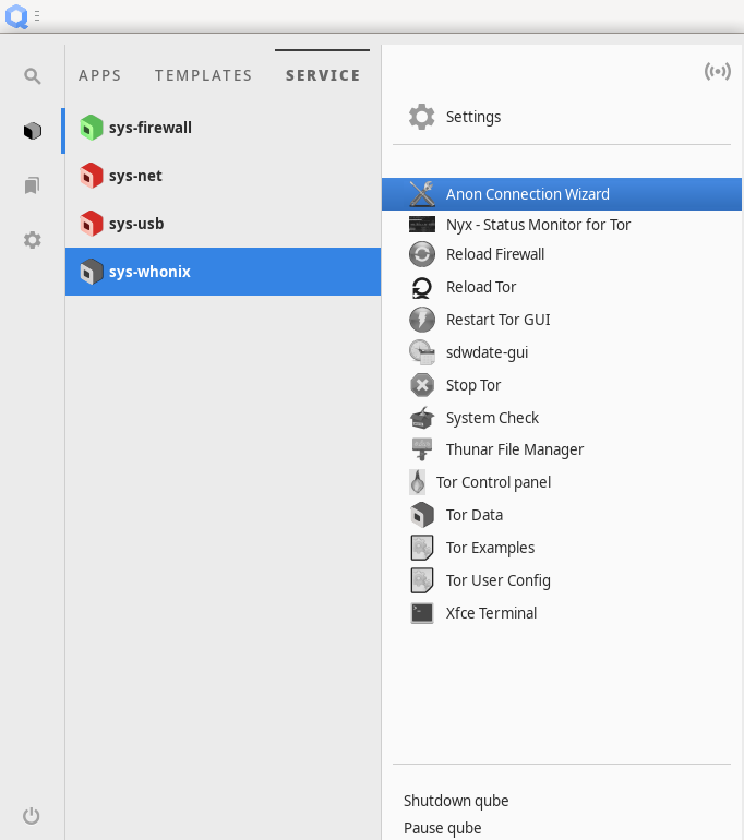 sys-whonixの中にあるAnon Connection Wizard の起動