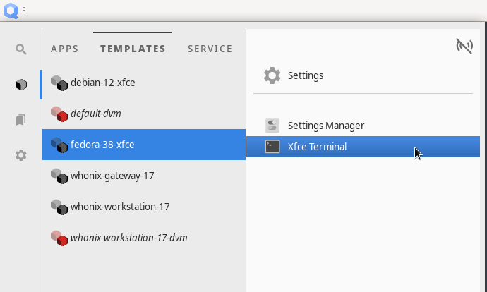 fedoraテンプレートのターミナルを起動させる