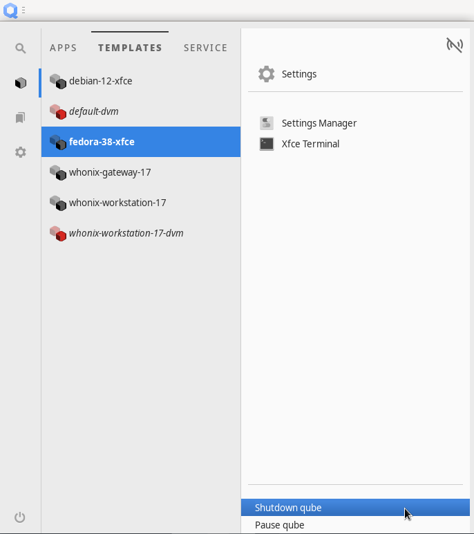 fedoraテンプレートをシャットダウンする