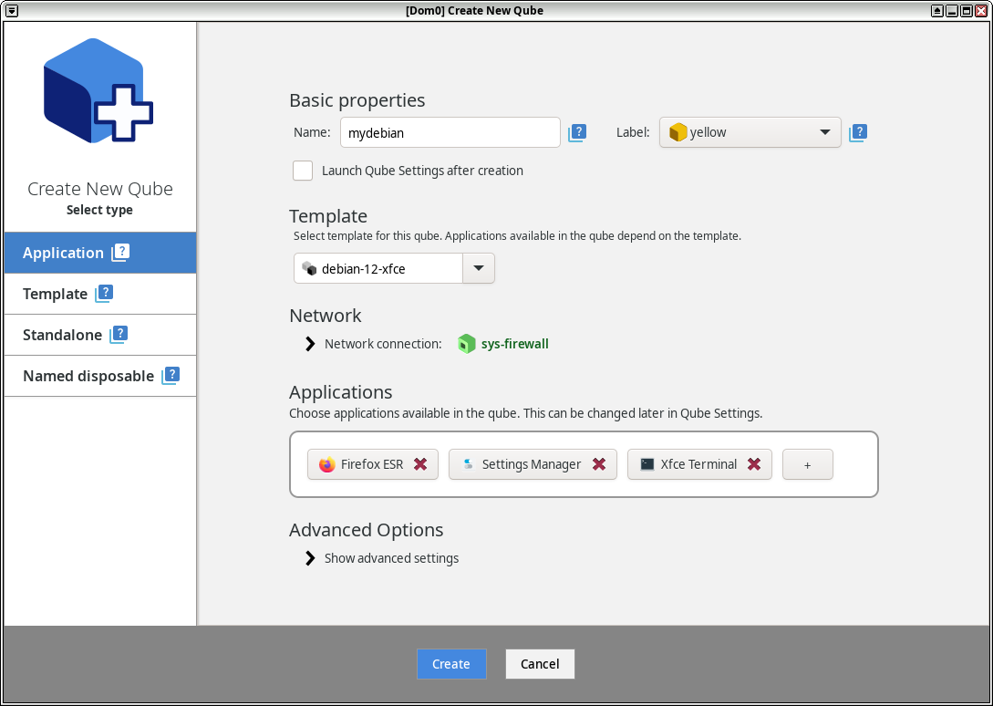 debianテンプレートに基づく新しいappキューブを作成