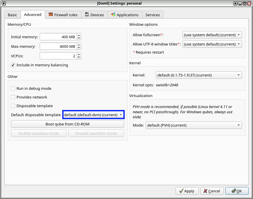 personal キューブのデフォルトのディスポーザブル・テンプレートの設定