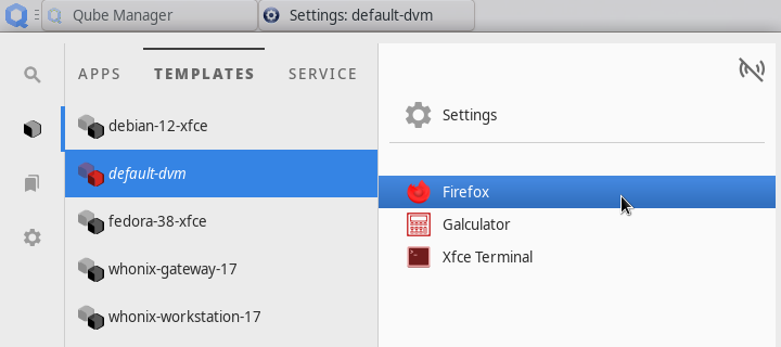 ディスポーザブル・テンプレート default-dvm の Firefox を起動