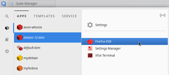 debian-12-dvm ベースのディスポーザブルのFirefox ESRを起動