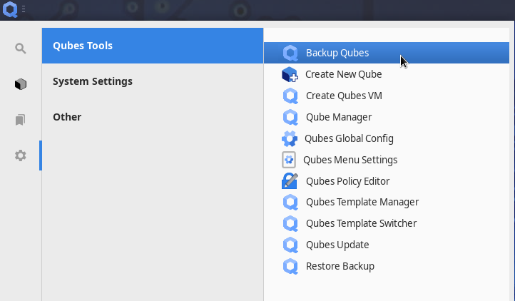 画面左上QからたどってBackup Qubes というツールを起動する