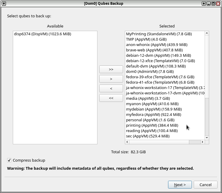 Dom0 で Qubes Backup が起動した