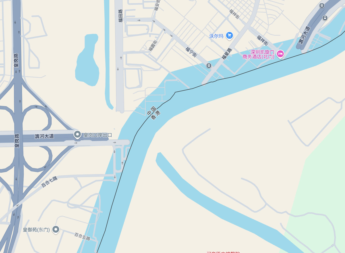Googleマップで香港と深圳をまたぐ地図を表示すると深圳側の地図がズレていることが分かる