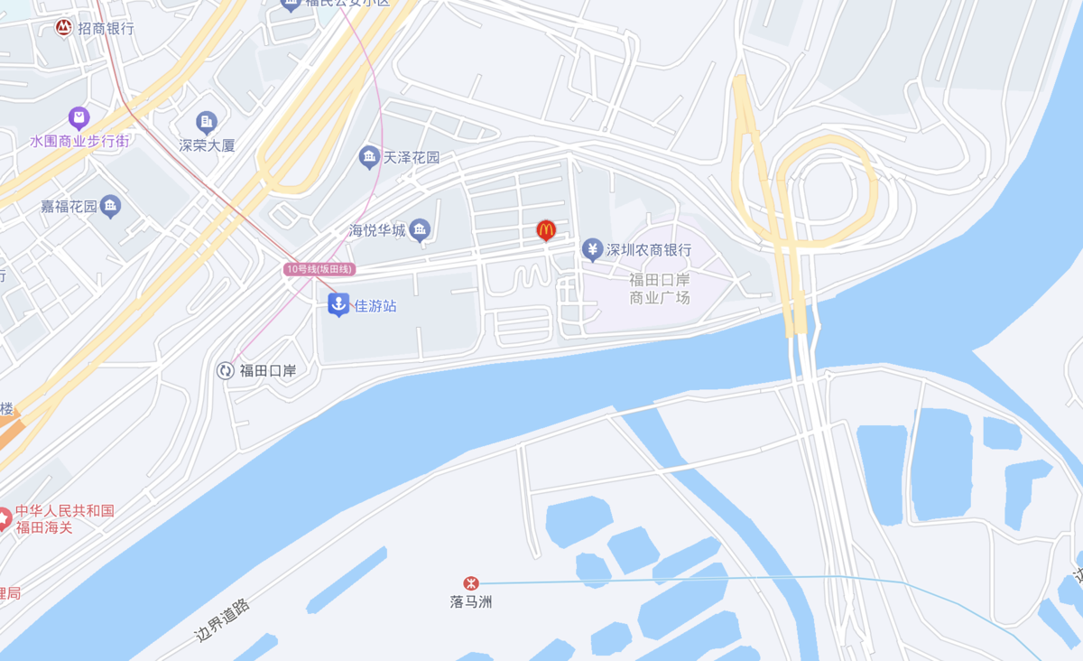百度地図は線が細めだが香港と深圳をまたいだ地図でももちろんずれない