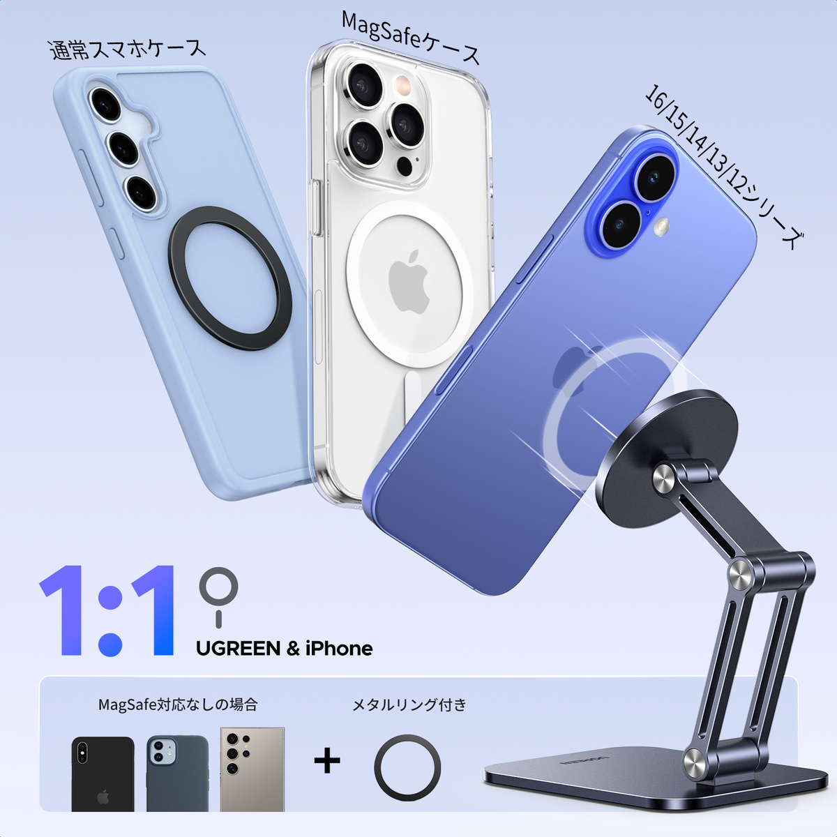 magsafe対応のiPhoneだけでなくメタルリングを取り付けるかケースが対応していても利用可能