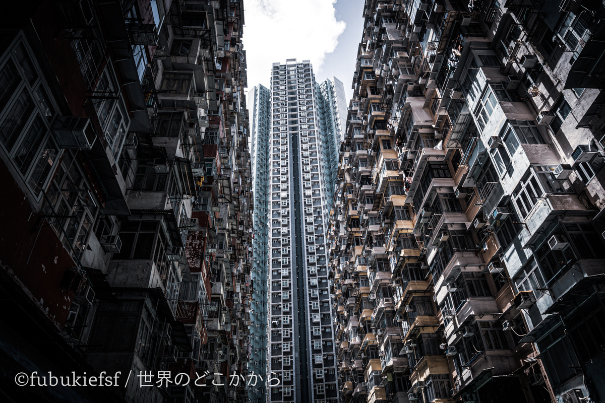 逆側を見上げると新しいマンションに遮られ今いる場所が建物に囲まれていることがわかる