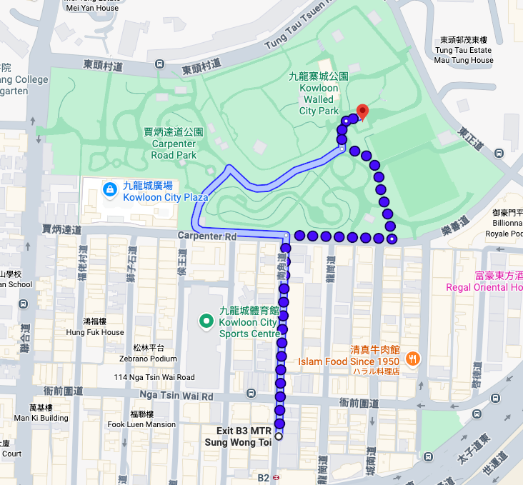 宋皇台駅B3出口から九龍寨城公園までの地図