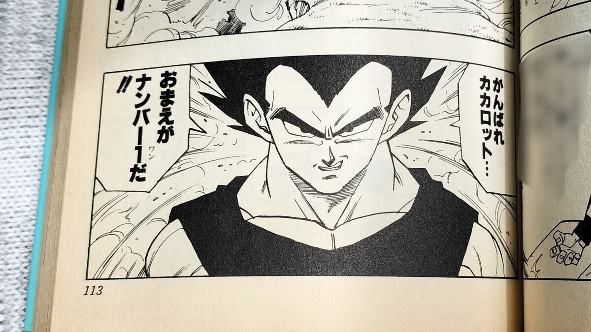 漫画『ドラゴンボール』で、ベジータが悟空を認めて応援している場面