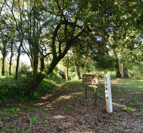 鬱葱とした曲輪跡に「建昌城跡」標柱もある