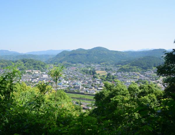 眼下に蒲生の街並み、遠くに山々が連なる