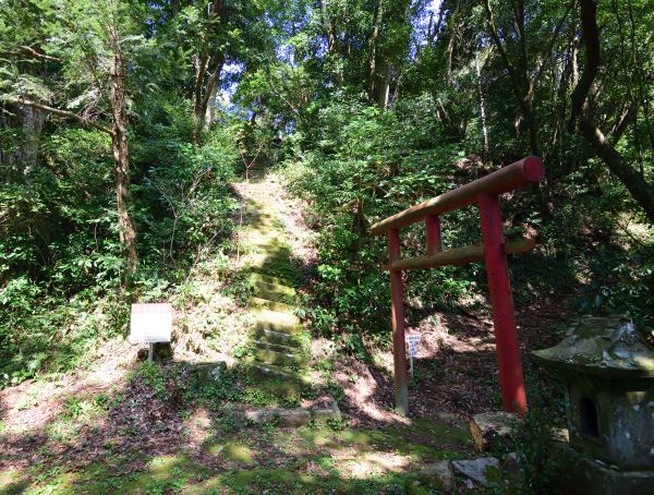 山中に鎮座する神社、朱の鳥居と小さな祠がある