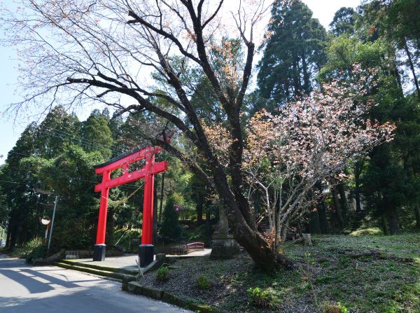 神社の前、奥に朱色の鳥居