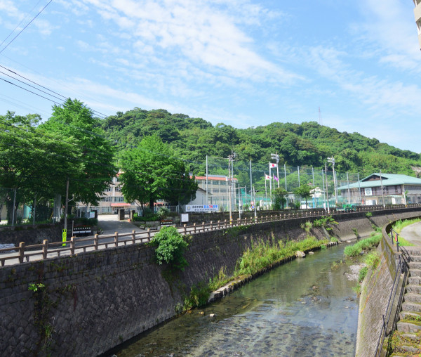 稲荷側の向こうに中学校と山城跡