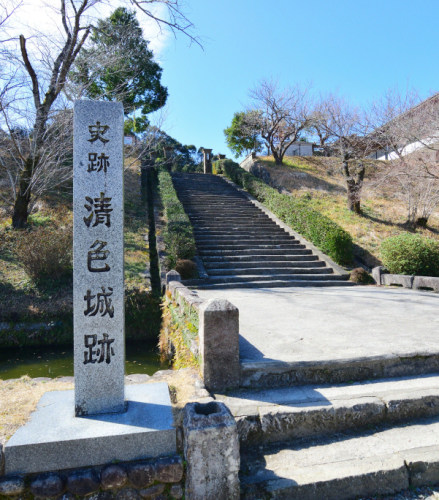 「史跡清色城跡」の石柱と石段