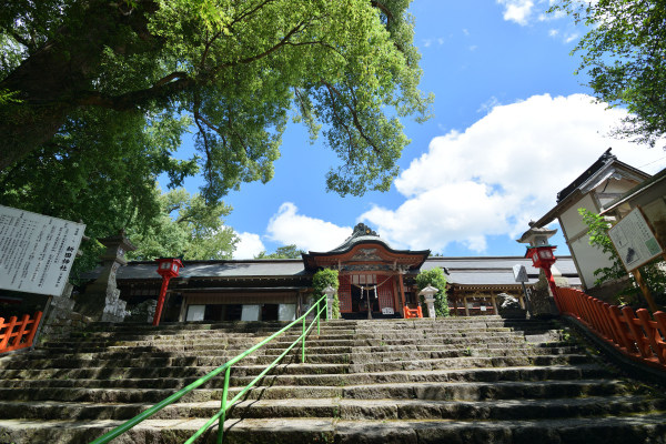 石段の上に朱色の拝殿が見える