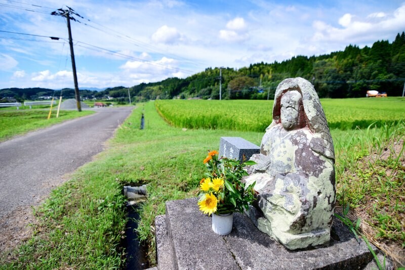 新開の田の神、青田が広がる風景の中に／鹿児島県姶良市加治木町小山田